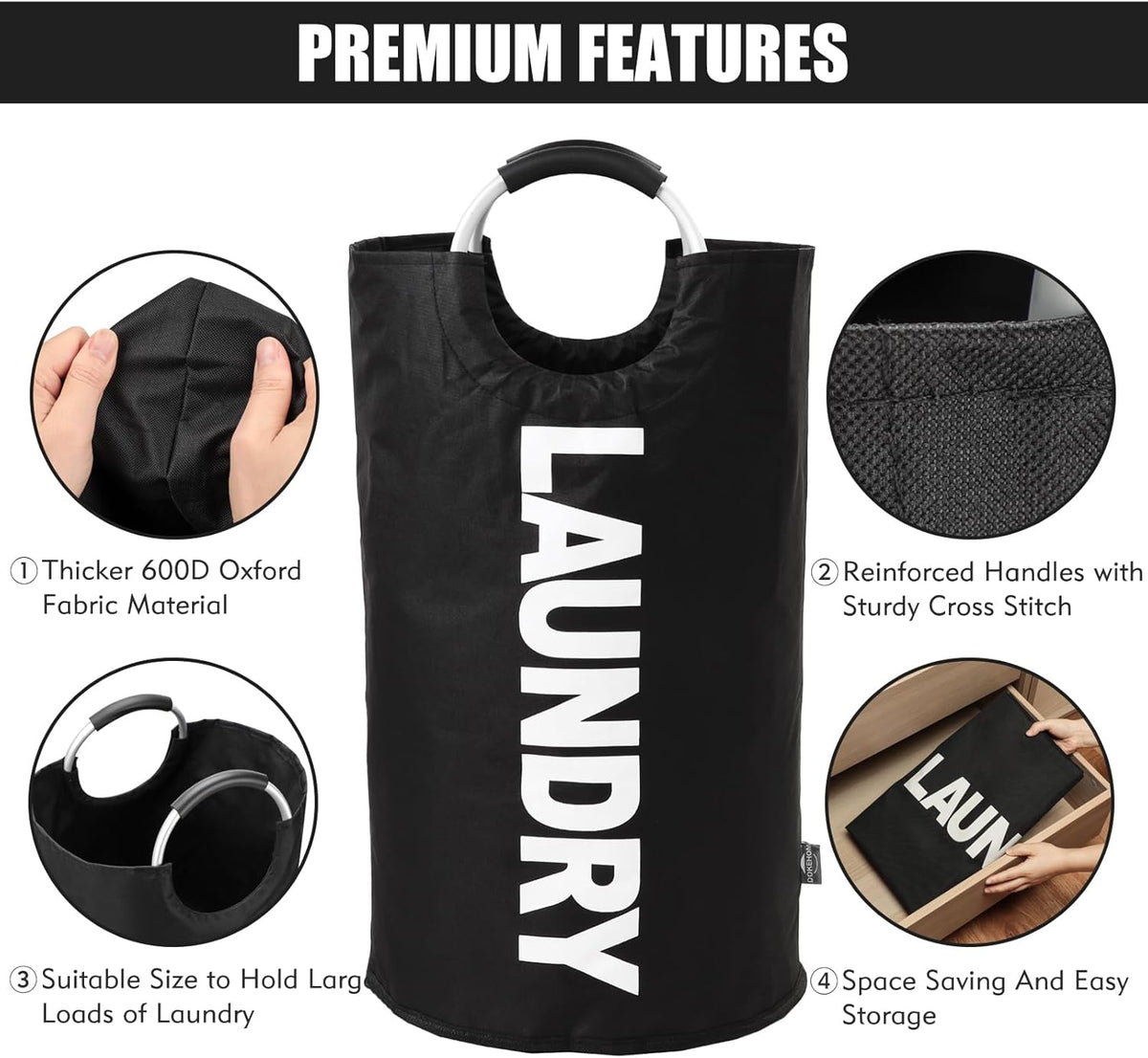 DOKEHOM 125L X-Large Laundry Basket Bag, Collapsible Tall Hamper, Black