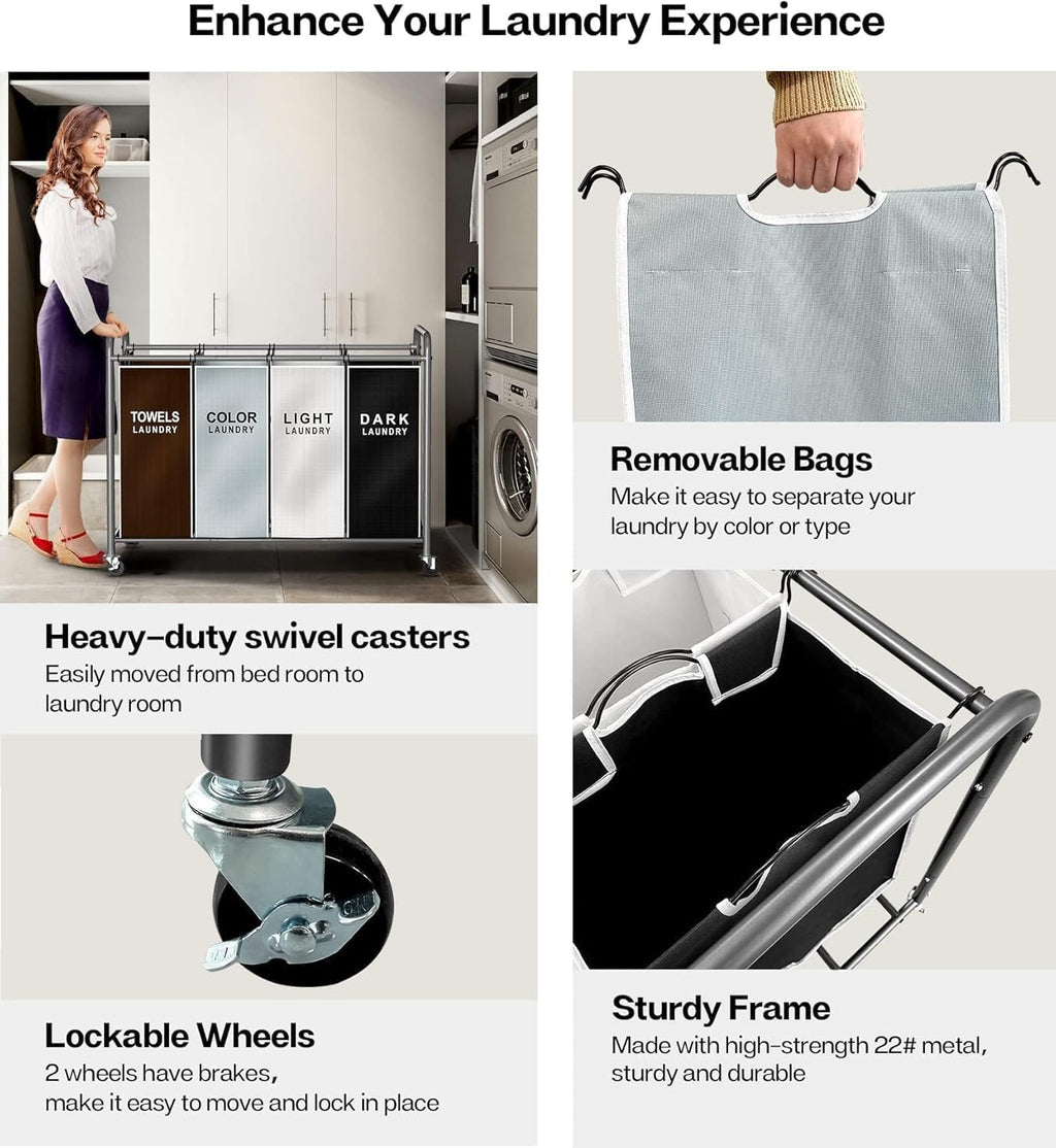 ROMOON Laundry Hamper Sorter Cart, 4-Section Organizer with Lockable Wheels