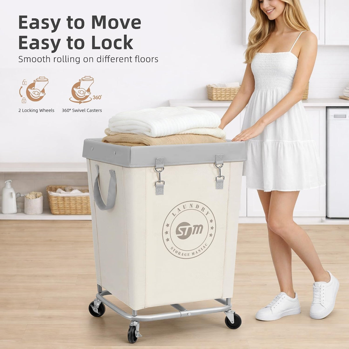 STORAGE MANIAC Commercial Laundry Hamper with Heavy Duty Steel Frame, 160 L Industrial Clothes Basket Cart with Wheels for Big Family, Home, Hotel, Laundry Room, 18''L x 18''W x 31''H, Medium Beige