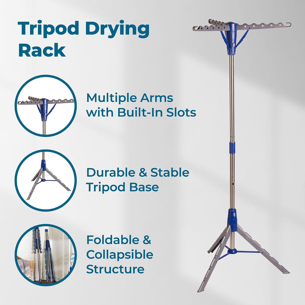 Honey-Can-Do 64-Inch Steel Tripod Clothes Drying Rack, Foldable Collapsible Laundry Stand with 3 Rotatable Arms, Holds 30 Hangers, Space-Saving Indoor Outdoor Air Dry Rack, Blue