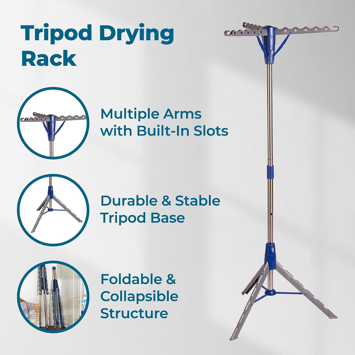 Honey-Can-Do 64-Inch Steel Tripod Clothes Drying Rack, Foldable Collapsible Laundry Stand with 3 Rotatable Arms, Holds 30 Hangers, Space-Saving Indoor Outdoor Air Dry Rack, Blue