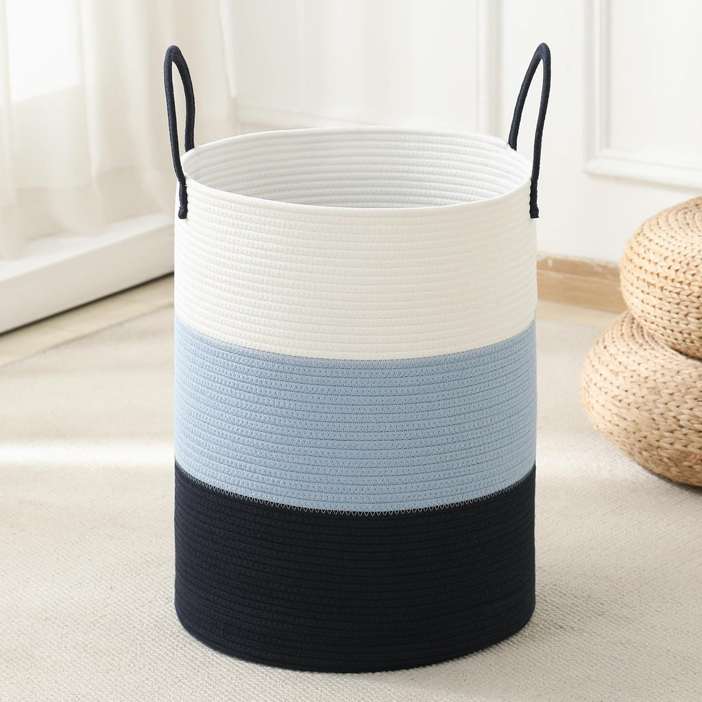 Laundry Basket Hamper Tall Rope Storage Woven for Blanket Toys Dirty Clothes in Living Room Bathroom Bedroom White & Brown 60L/15.8Gal