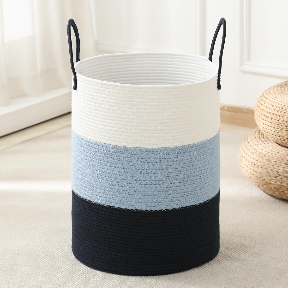 Laundry Basket Hamper Tall Rope Storage Woven for Blanket Toys Dirty Clothes in Living Room Bathroom Bedroom White & Brown 60L/15.8Gal