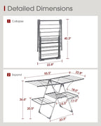 Sakugi Clothes Drying Rack, Foldable 2-Level with 55.5" Adjustable Wings