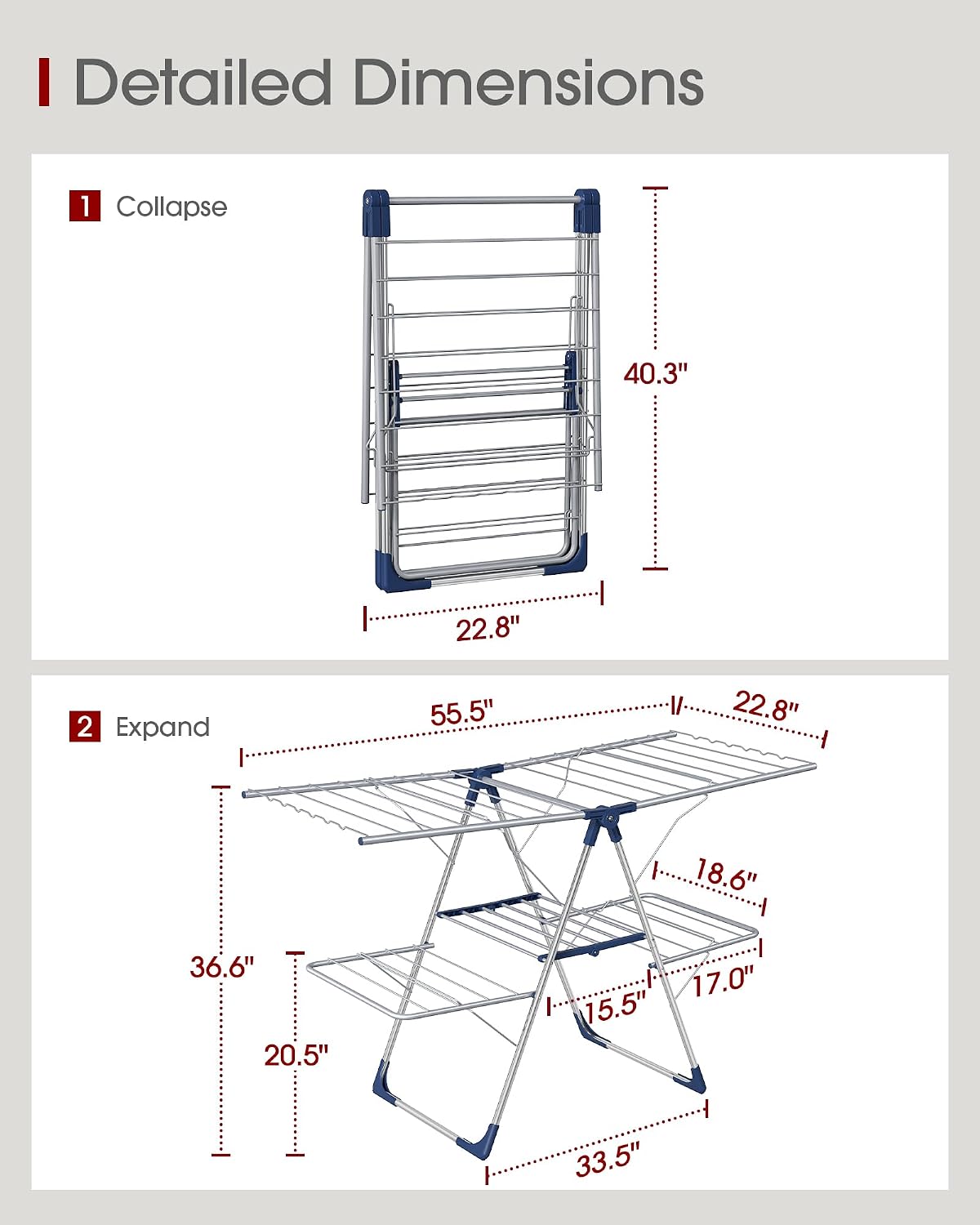 Sakugi Clothes Drying Rack, Foldable 2-Level with 55.5" Adjustable Wings