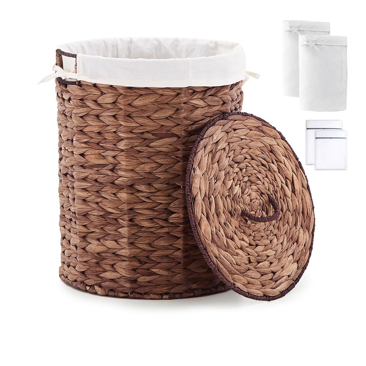Round Water Hyacinth Laundry Hamper with Lid Handwoven Wicker Basket with Handles for Dirty Clothes, Storage, and Organization Ideal for Bedroom, Bathroom, and Laundry Room, No Assembly Required, 60L