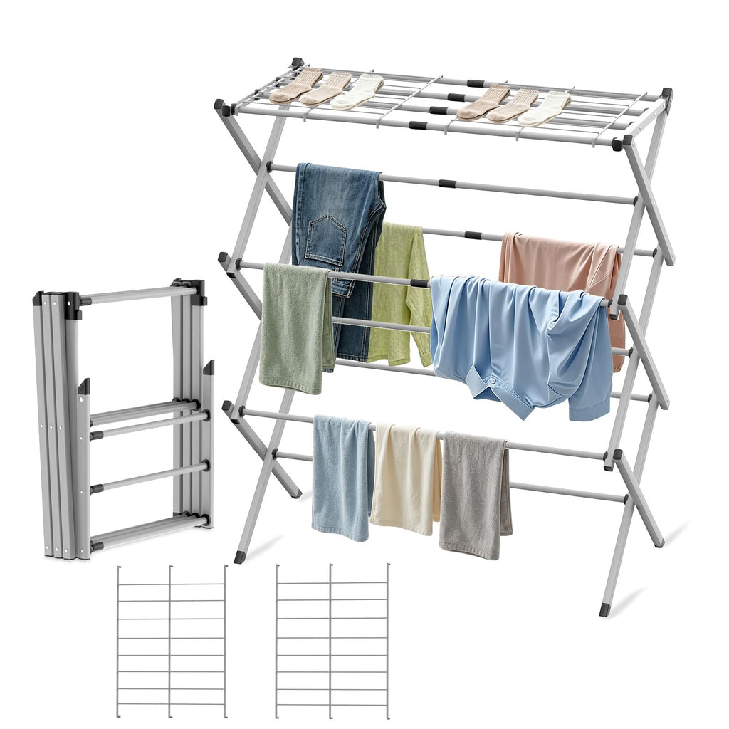 BAKON Space Saving Foldable Clothes Drying Rack, Extendable Rustproof Laundry Rack for Indoor Outdoor Use, No Assembly Required, Suitable for Bathroom Laundry Room Apartment RV, White