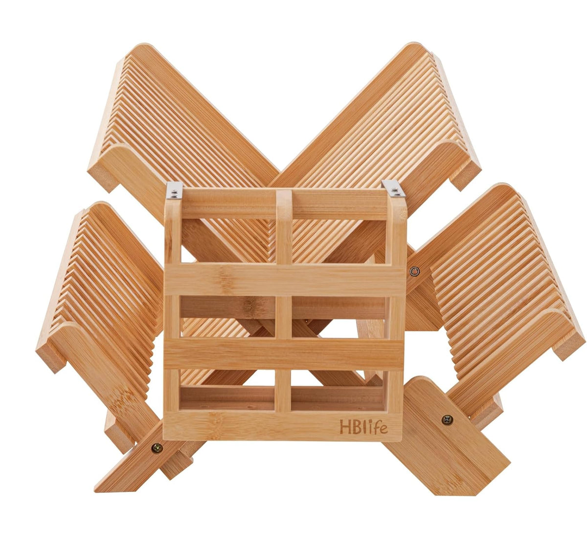 HBlife Dish Rack, Bamboo Folding 2-Tier Collapsible Drainer Dish Drying Rack with Utensils Flatware Holder Set (Dish Rack with Utensil Holder)