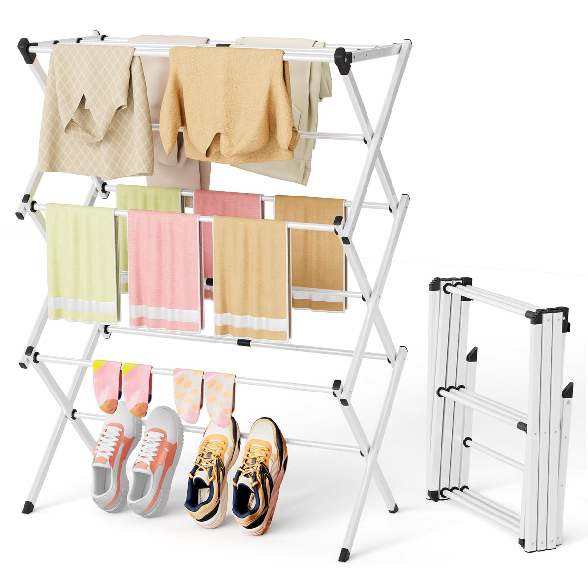 BAKON Space Saving Foldable Clothes Drying Rack, Extendable Rustproof Laundry Rack for Indoor Outdoor Use, No Assembly Required, Suitable for Bathroom Laundry Room Apartment RV, White