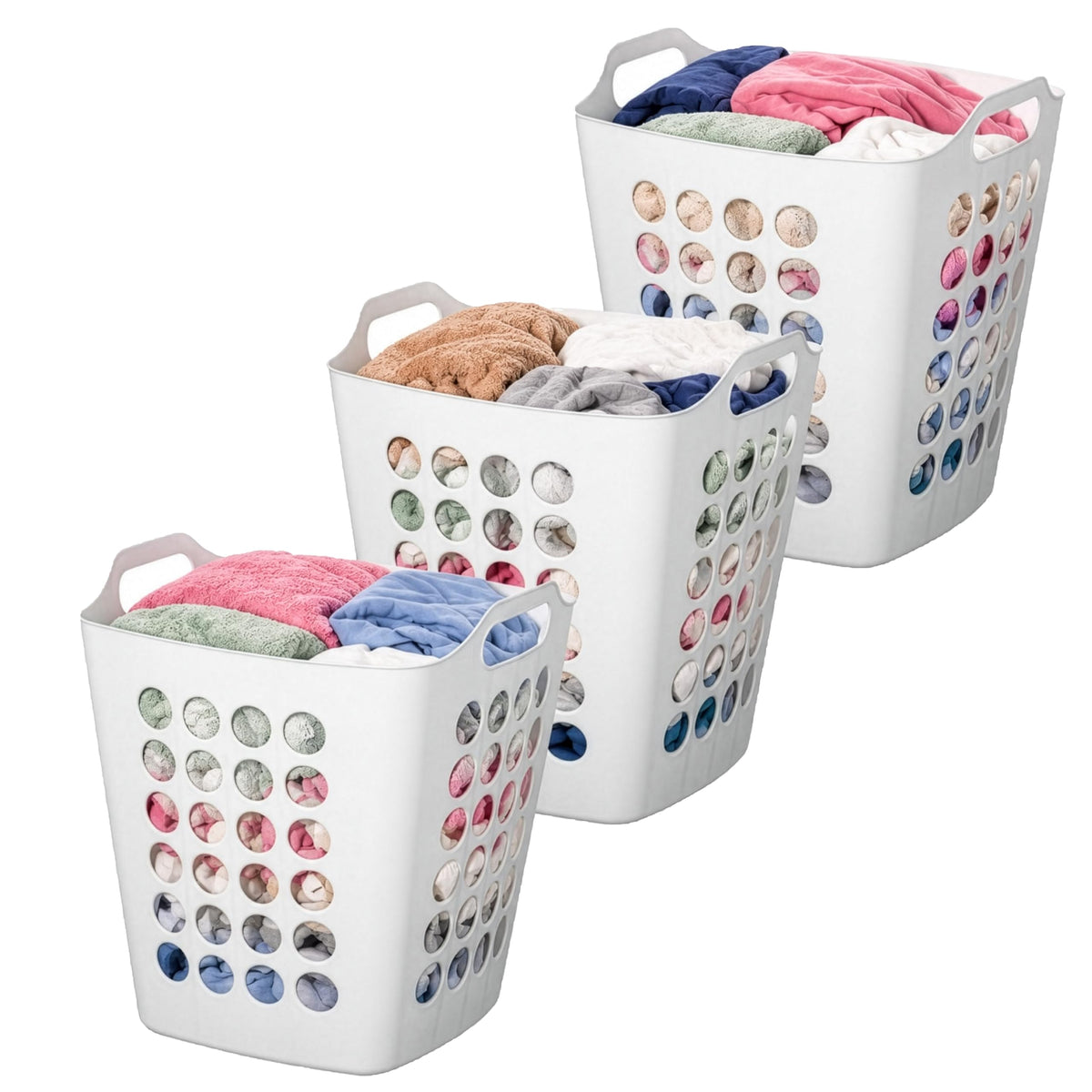 Flexible Plastic Laundry Basket - Square Storage Hamper with Side Handles for Easy Carrying - Versatile Organizer for Laundry, and Household Storage, 28 Litter White