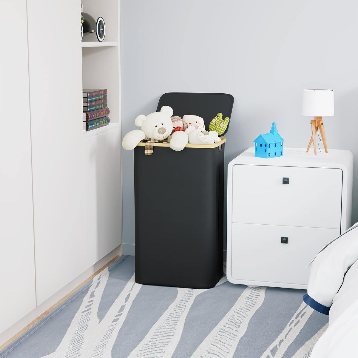SUOCO Laundry Basket with Lid, 29 Gal (110L) Clothes Hamper with Bamboo Handles, Large Foldable Laundry Hamper for Bedroom, Bathroom, Dorm, Laundry Room - Black