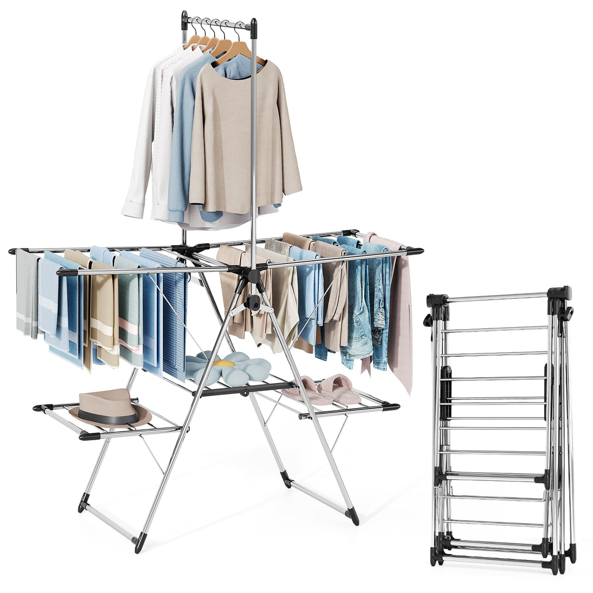 APEXCHASER Clothes Drying Rack with High Hanger, 3-Level Drying Racks
