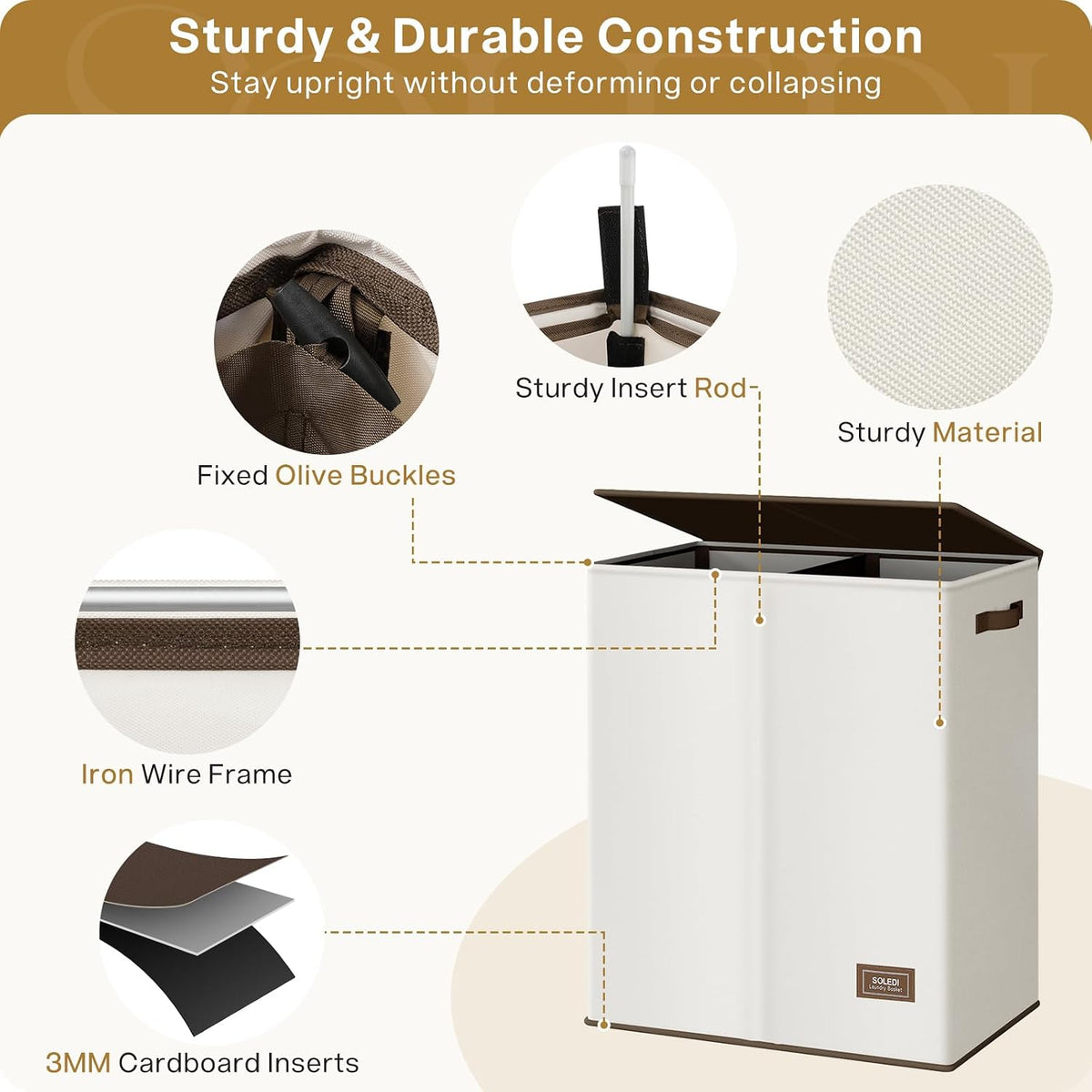 SOLEDI Luxury Double Laundry Hamper with Lid and Removable Bags, 38.3 Gal Large Laundry Bin, Laundry Basket 2 Sections, Collapsible Clothes Hamper for Bedroom, Laundry Room, Bathroom, Off-white