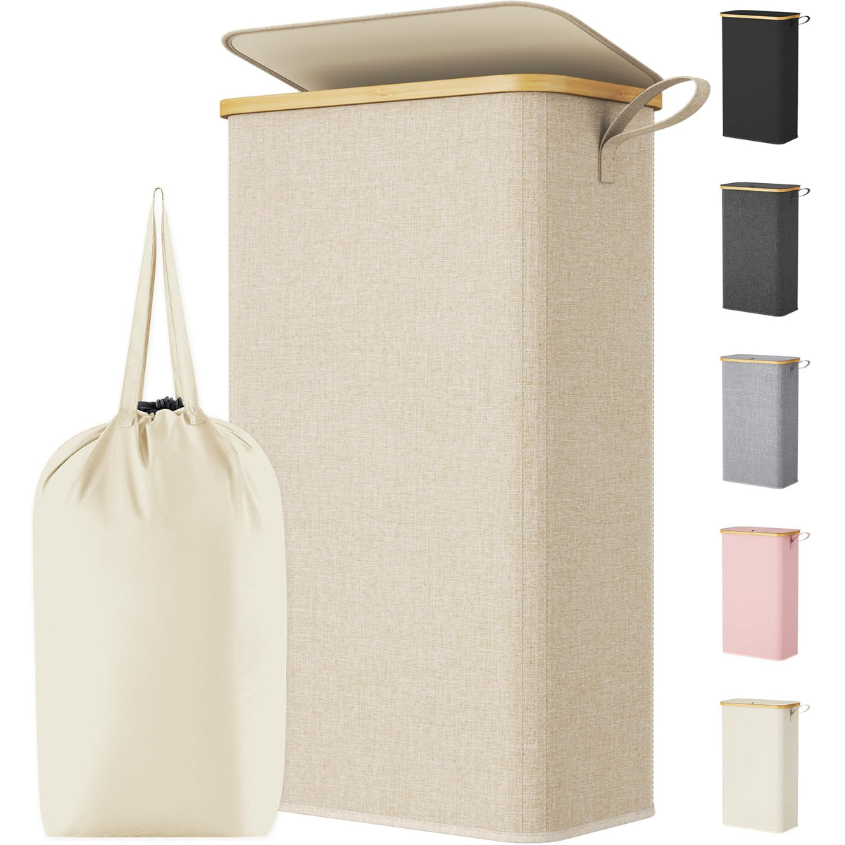 Lifewit 65L Slim Laundry Hamper with Lid and Removable Bag, Beige