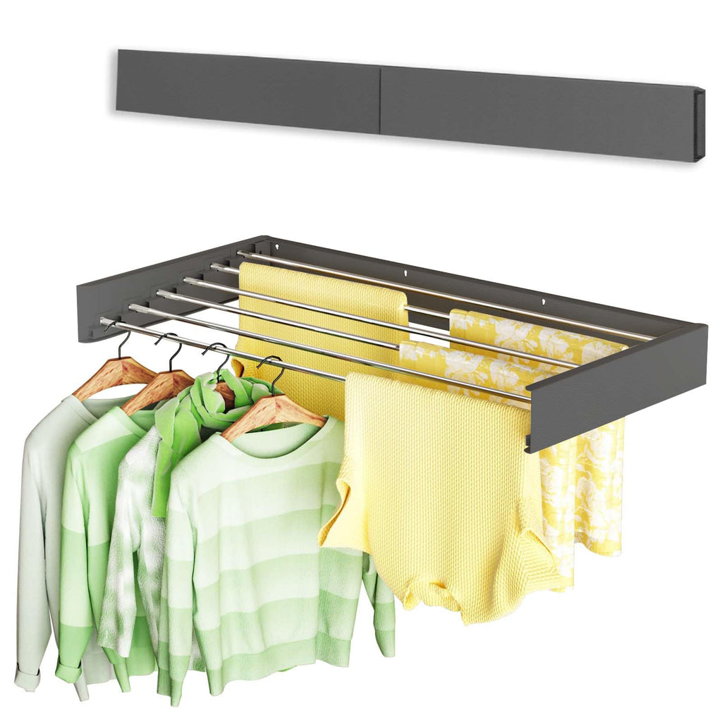 Vikaqi Wall Mounted Clothes Drying Rack 40 inches, Foldable Wall Mount Laundry Rack Folding Indoor, Drying Rack Clothing Collapsible, Hidden Space Saver with Wall Template, 6 Rods, White