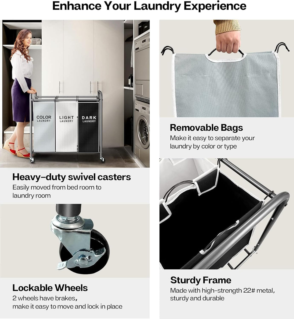 ROMOON Laundry Sorter Hamper 3 Section, Divided Laundry Basket Organizer