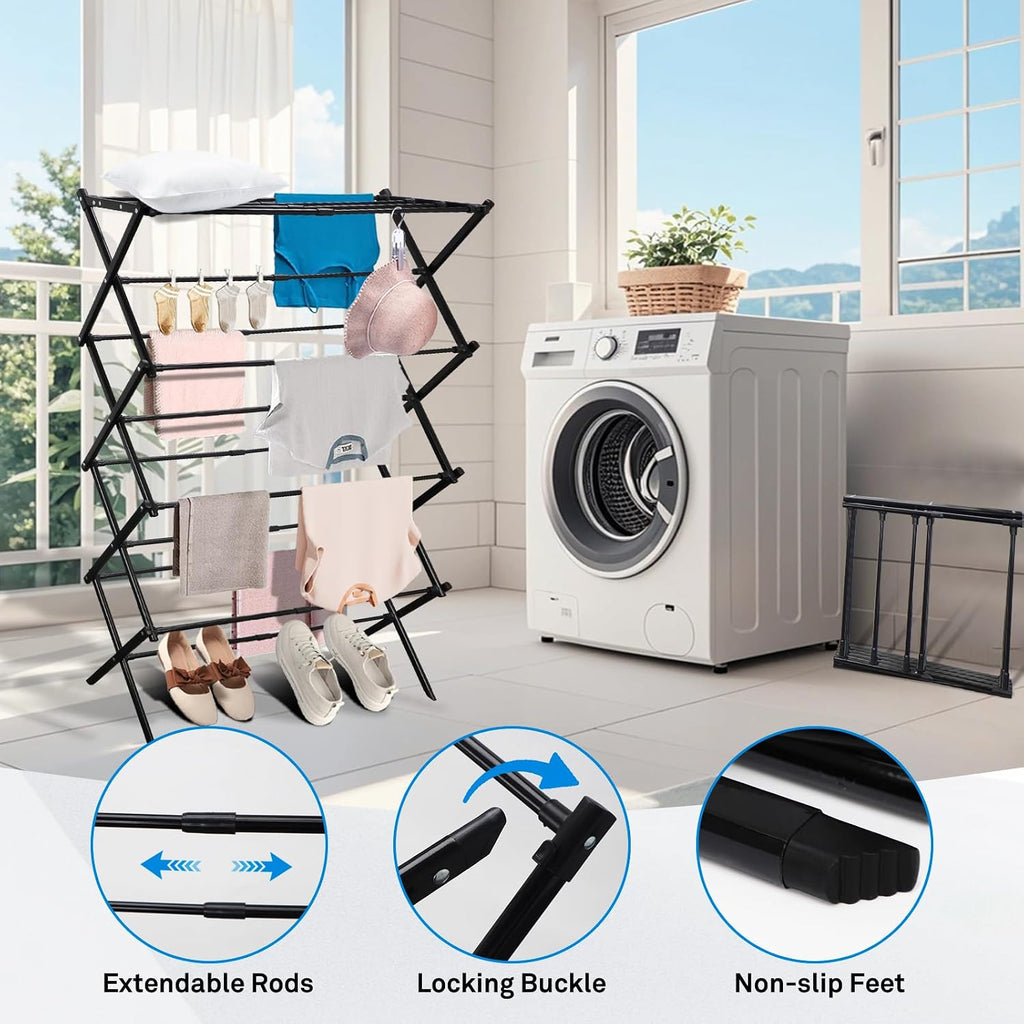 MOYEE 4-Tiers Drying Space, Foldable Clothes Drying Rack, Laundry Drying Rack, Clothes Airer, Steel Frame，Indoor Outdoor Use
