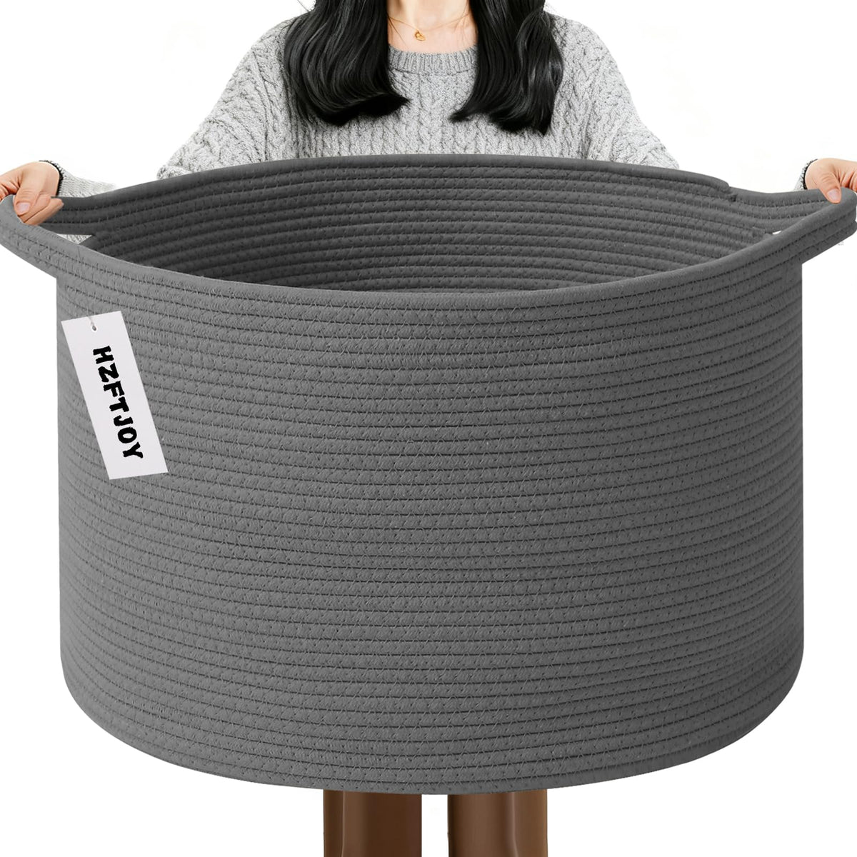 Large Woven Blanket Basket,65L Cotton Rope Laundry Basket
