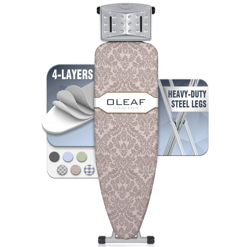 oleaf Ironing Board with Cover and Thicken Pad Height Adjustable Full Size Foldable Iron Board with Iron Rest, Stable Steel Legs, Metal Construction, Heat Resistant, Pink