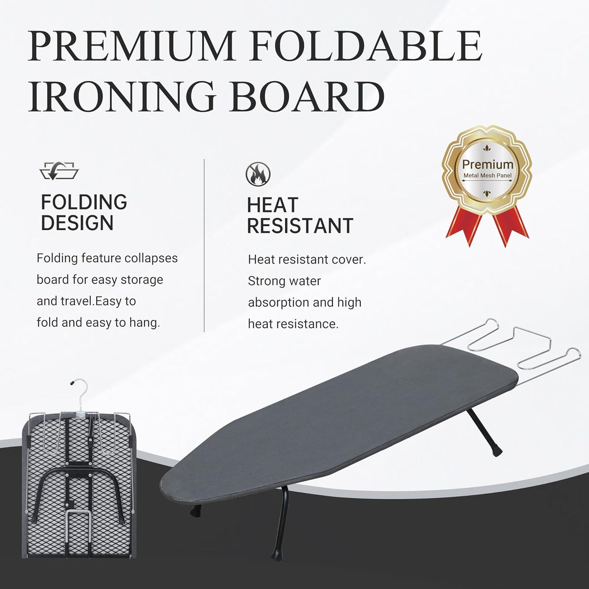 ZOES HOMEWARE Metal Mesh Panel Tabletop Ironing Board | Foldable Iron Board | Heavy Duty Small Iron Board with Heat Resistant Cover and 100% Cotton 8mm Thicken Pad | 31.5"x11.8"x6.2"