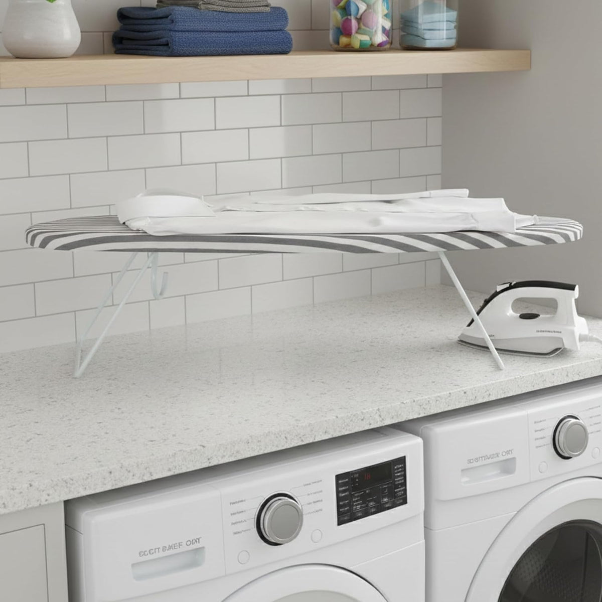 Honey-Can-Do Steel Tabletop Ironing Board with Folding Legs, Grey and White Stripe Cotton Cover, Compact Space-Saving Design, 30" L x 6" H