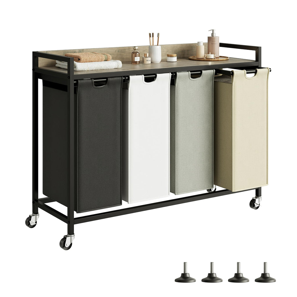 Herture Laundry Hamper with Shelf, Laundry Basket 4 Section, Laundry Sorter with Pull-Out Removable Large 4 Color Bags and Movable Wheels, Metal Frame, 4 x 15.87 Gallons (60L), Rustic Brown PF07XLN