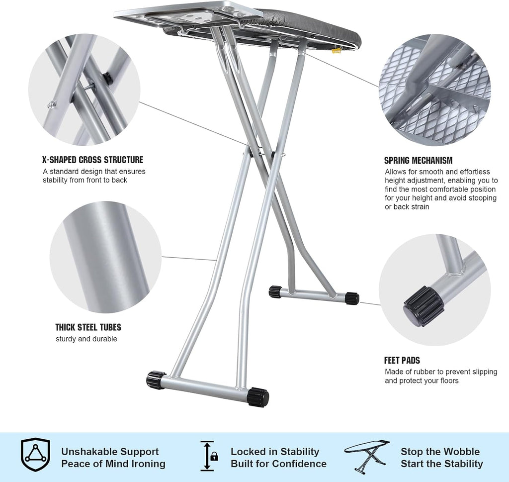 oleaf Ironing Board with Cover and Thicken Pad Height Adjustable Full Size Foldable Iron Board with Iron Rest, Stable Steel Legs, Metal Construction, Heat Resistant, Pink