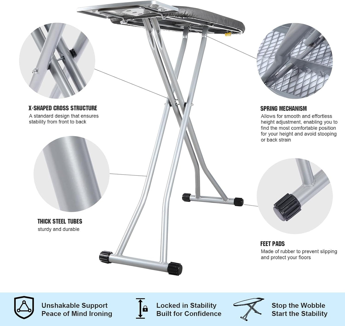oleaf Ironing Board with Cover and Thicken Pad Height Adjustable Full Size Foldable Iron Board with Iron Rest, Stable Steel Legs, Metal Construction, Heat Resistant, Silver
