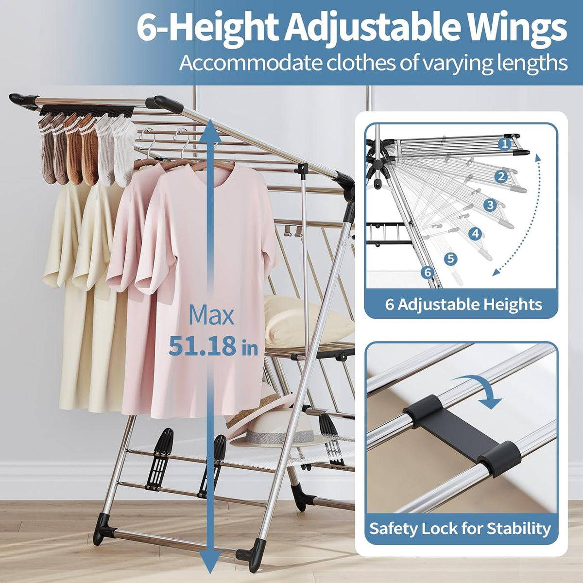 APEXCHASER Clothes Drying Rack with High Hanger, 3-Level Drying Racks