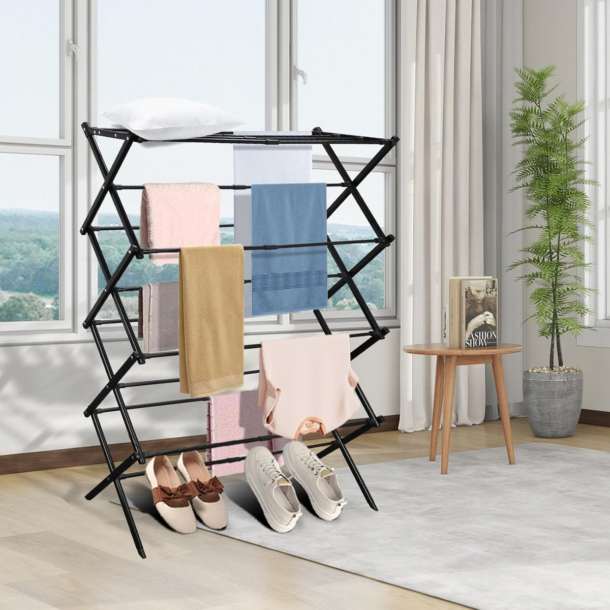 MOYEE 4-Tiers Drying Space, Foldable Clothes Drying Rack, Laundry Drying Rack, Clothes Airer, Steel Frame，Indoor Outdoor Use