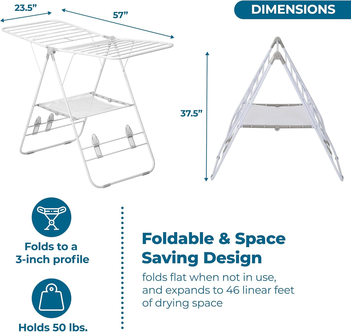 Honey-Can-Do Heavy-Duty Gullwing Clothes Drying Rack, 50 lb, White