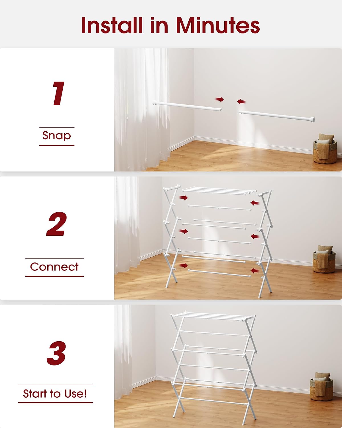 Sakugi Foldable 3-Tier Clothes Drying Rack 37.4" H with Non-Slip Feet