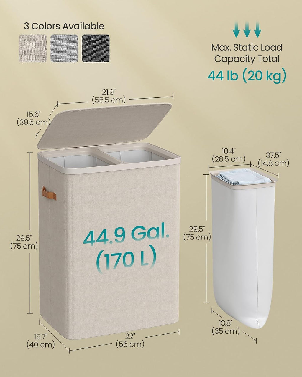 SONGMICS Laundry Basket, 170L Laundry Hamper with Lid, 2 Removable Bags