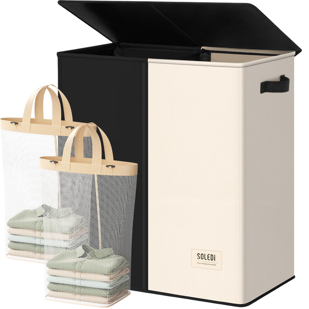 SOLEDI Luxury Double Laundry Hamper with Lid and Removable Bags, 38.3 Gal Large Laundry Bin, Laundry Basket 2 Sections, Collapsible Clothes Hamper for Bedroom, Laundry Room, Bathroom, Off-white
