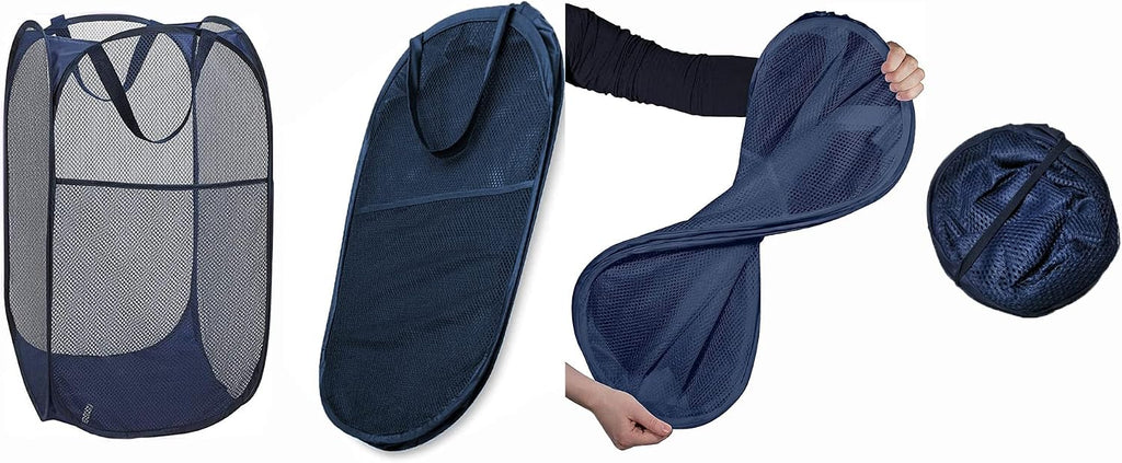 2 Packs Mesh Pop up Laundry Hamper (Black/Navy Blue) with Portable Durable Handles, Collapsible for Storage, Folding Pop-Up Clothes Hampers for Apartment, Home, College Dorm or Travel