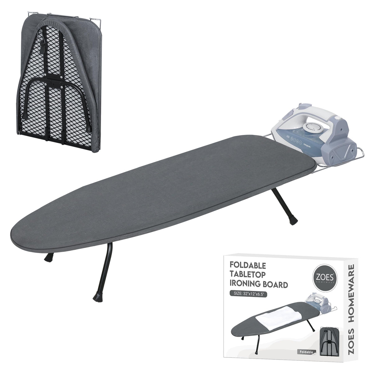 ZOES HOMEWARE Premium Metal Mesh Panel Tabletop Ironing Board Silver