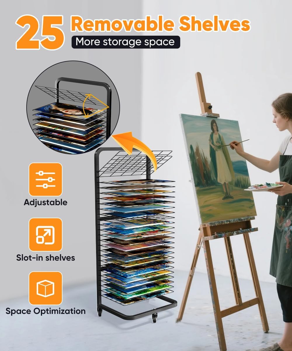 Art Drying Rack with 25 Removable Shelves, Mobile Metal Paint Drying Stand with Lockable Wheels, Functional Canvas Rack Art Storage for Artwork in Classrooms, Art Studios and Schools, Black