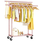 HYSEYY Double Rods Clothes Rack, Rolling Clothing Rack for Hanging Clothes Portable Wardrobe Rack, Metal Garment Rack Sturdy Coat Rack for Bedroom Laundry Living Room, Black