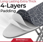 Bartnelli Compact Ironing Board, 13x43 Space-Saving Steel Foldable Iron Board, 4 Layer Cotton Cover, Adjustable Height, Bonus Hanger and Silicone Iron Pad