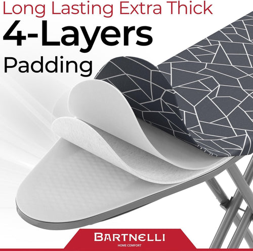 Bartnelli Compact Ironing Board, 13x43 Space-Saving Steel Foldable Iron Board, 4 Layer Cotton Cover, Adjustable Height, Bonus Hanger and Silicone Iron Pad