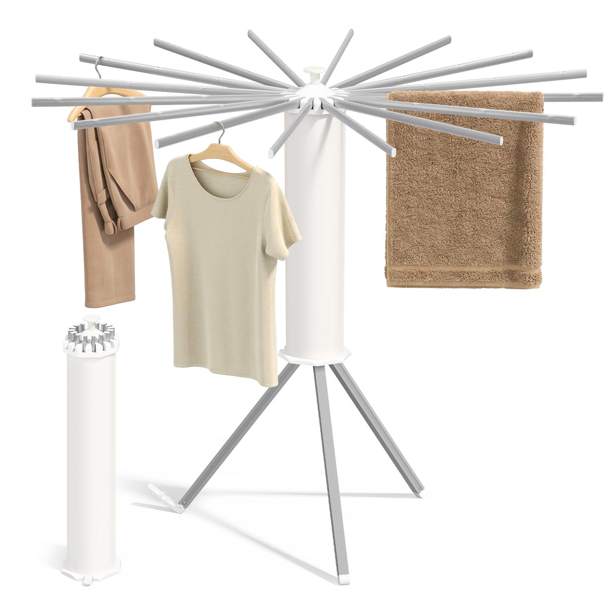 SONGMICS Clothes Drying Rack, Foldable Rotary Tripod, 16 Pull-Out Wood Arms