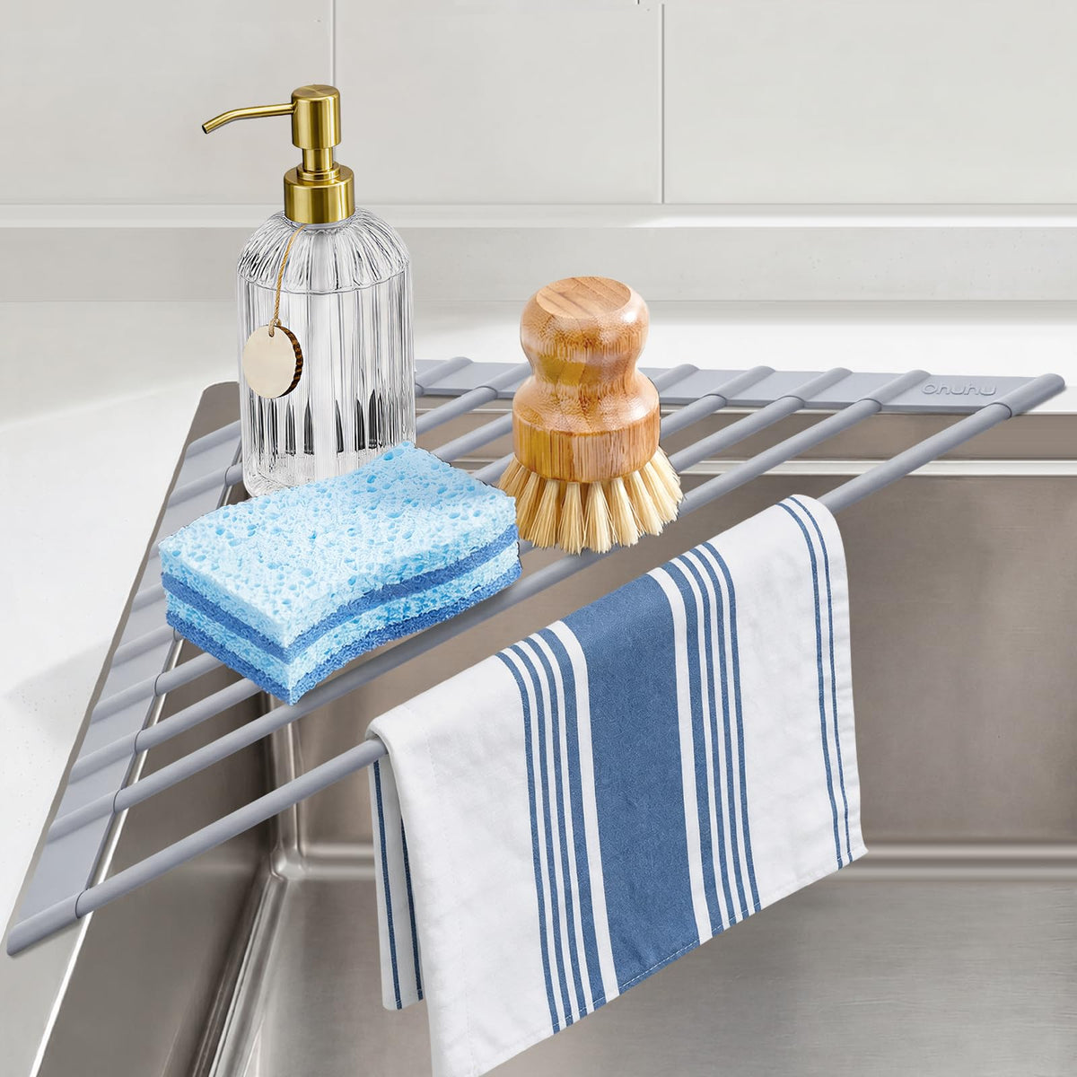 Ohuhu Over Sink Dish Drying Rack Silicone Wrapped 17.6" W x 15.4" L Large Over the Sink Roll Up Dish Drainer - Foldable Sink Drying Rack Rolling Drain Mats Anti-Slip Multipurpose for Kitchen Counter