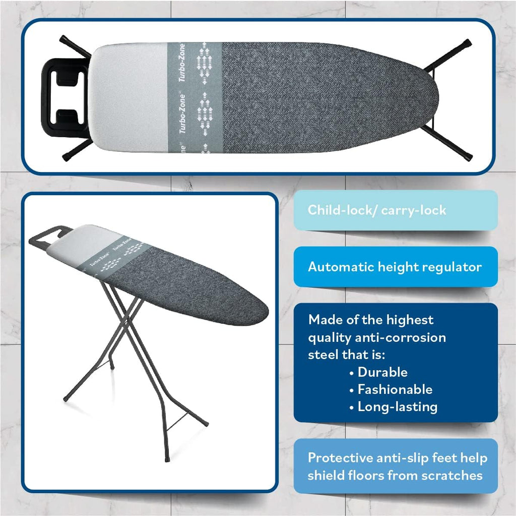 Bartnelli by Rorets Classic Ironing Board with New Patent EZ-Glide Technology, Made in Europe, Premium Iron Board with Iron Rest, 4 Layer Cover, 13x43 Surface, Height Adjustable to 36", 4 Steel Legs