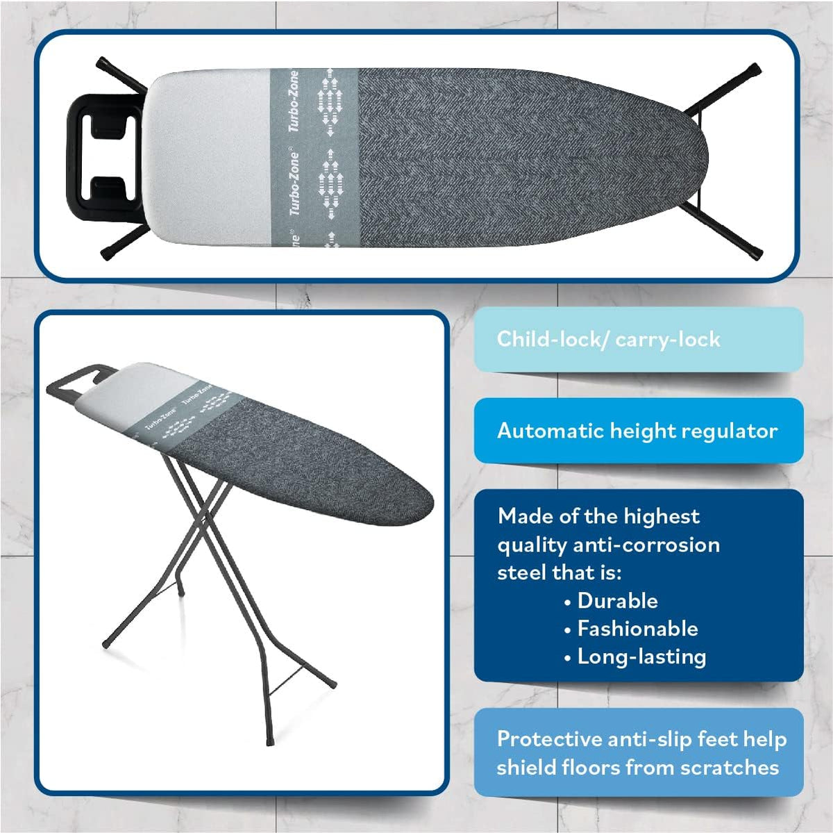 Bartnelli by Rorets Classic Ironing Board with New Patent EZ-Glide Technology, Made in Europe, Premium Iron Board with Iron Rest, 4 Layer Cover, 13x43 Surface, Height Adjustable to 36", 4 Steel Legs
