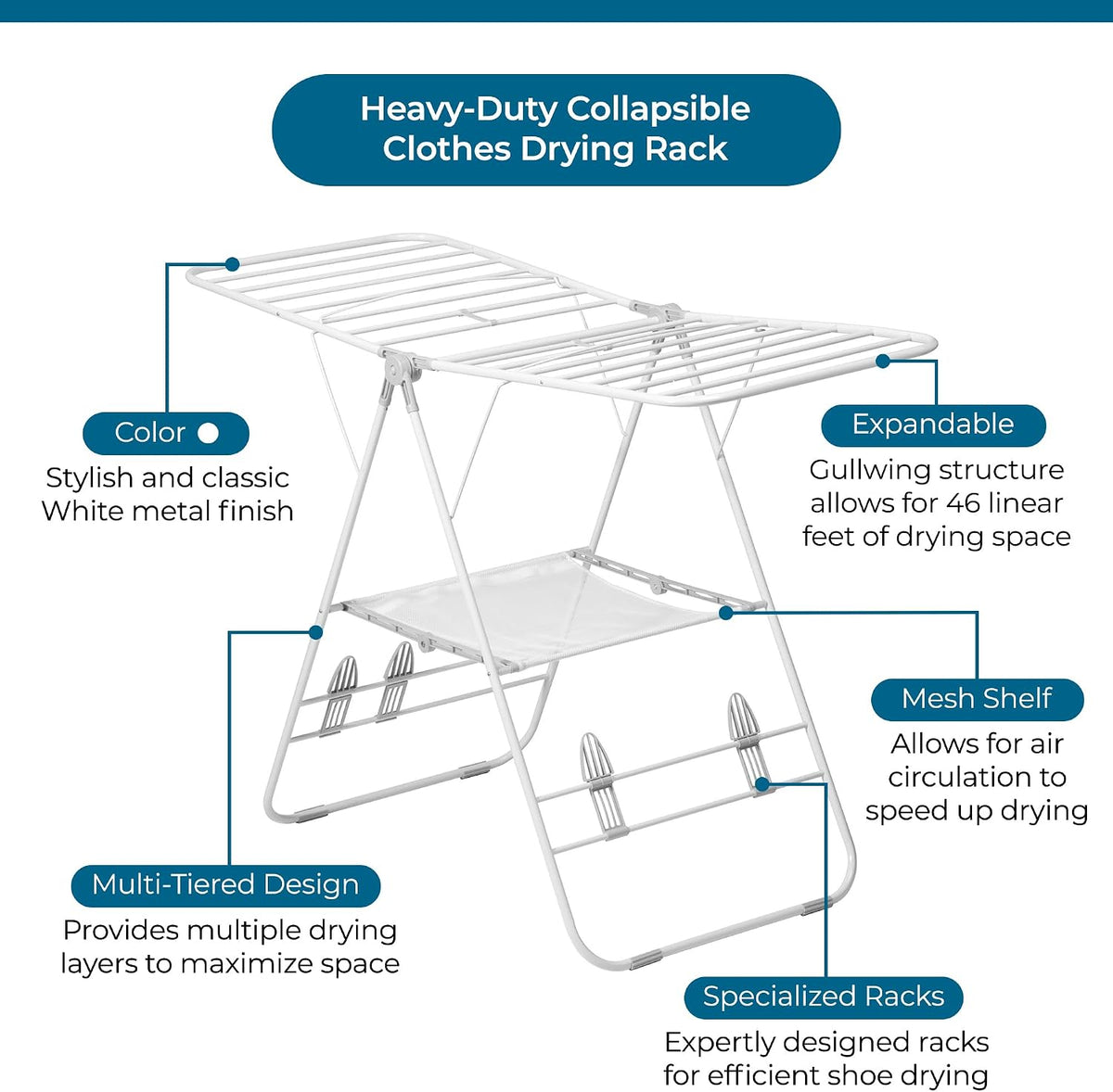 Honey-Can-Do Heavy-Duty Gullwing Clothes Drying Rack, 50 lb, White