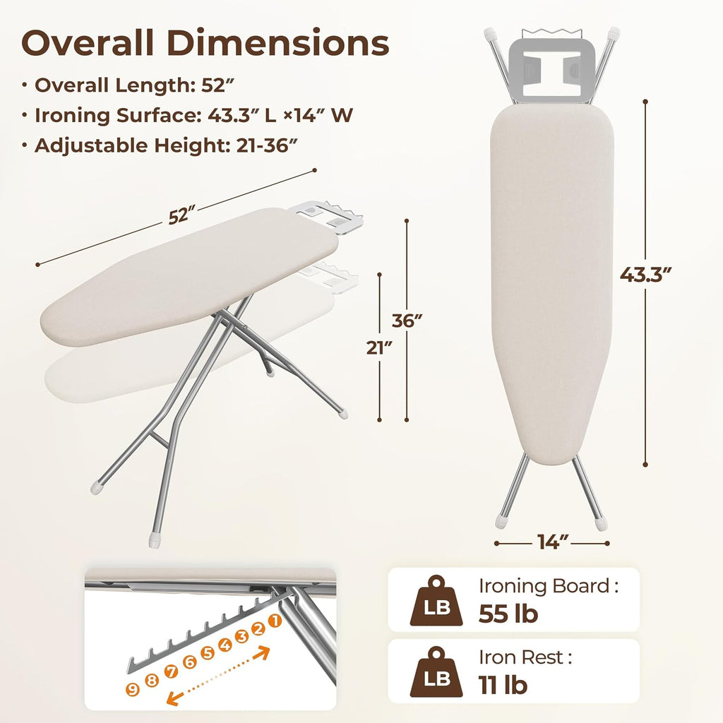 Yaheetech Ironing Board 43"x14" with Heavy Duty Iron Rest, Foldable, Beige