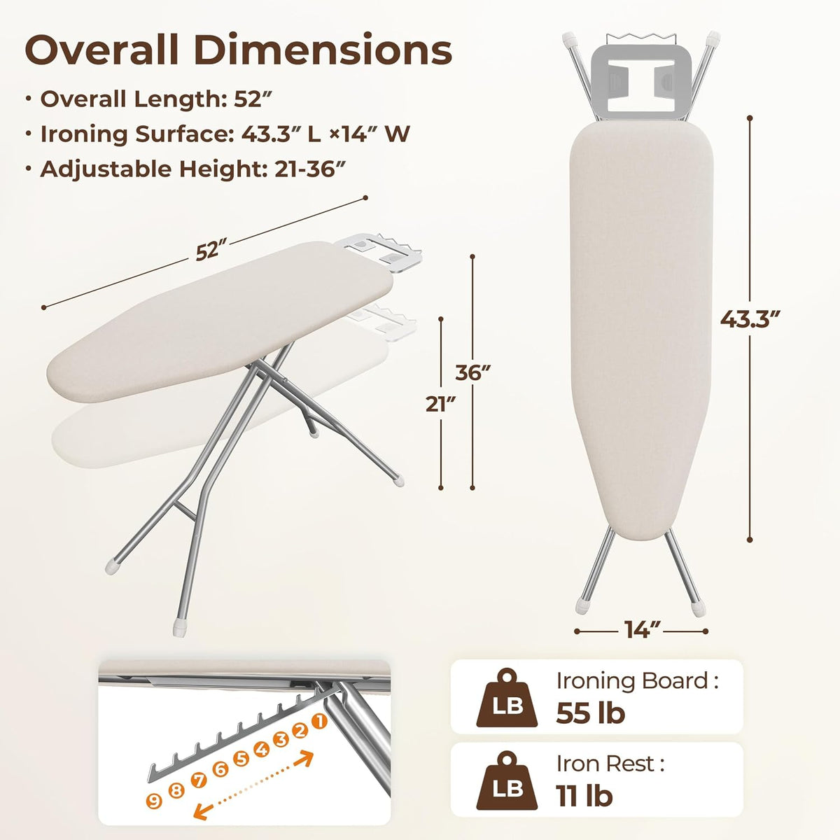 Yaheetech Ironing Board 43"x14" with Heavy Duty Iron Rest, Foldable, Beige