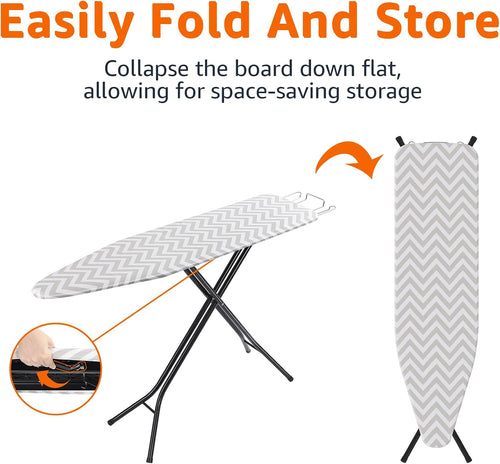 Amazon Basics Height Adjustable Full-Size Foldable Ironing Board, 4-Leg Fold-Up, Chevron Removable Cover, 60" x 14" x 38"