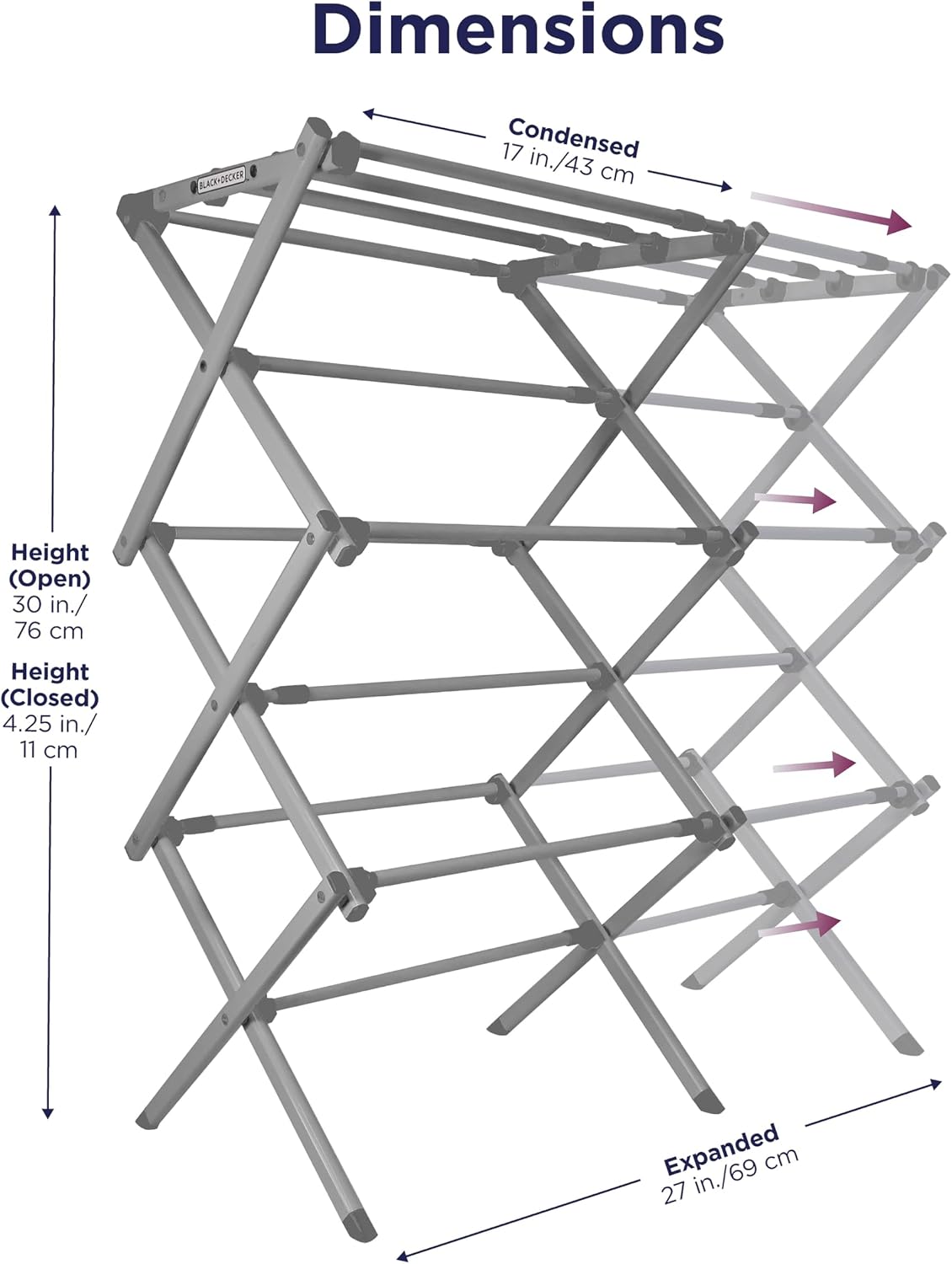 BLACK+DECKER Space Saving 3-Tier Expandable Clothes Drying Rack, Foldable Laundry Rack for Indoor Air Drying, Rust Resistant Steel, 24.6 Ft Drying Space, Grey