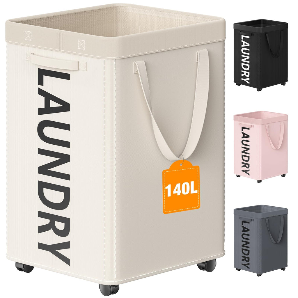 Optish 90L Laundry Basket with Wheels, Rolling Hamper with Removable Bag